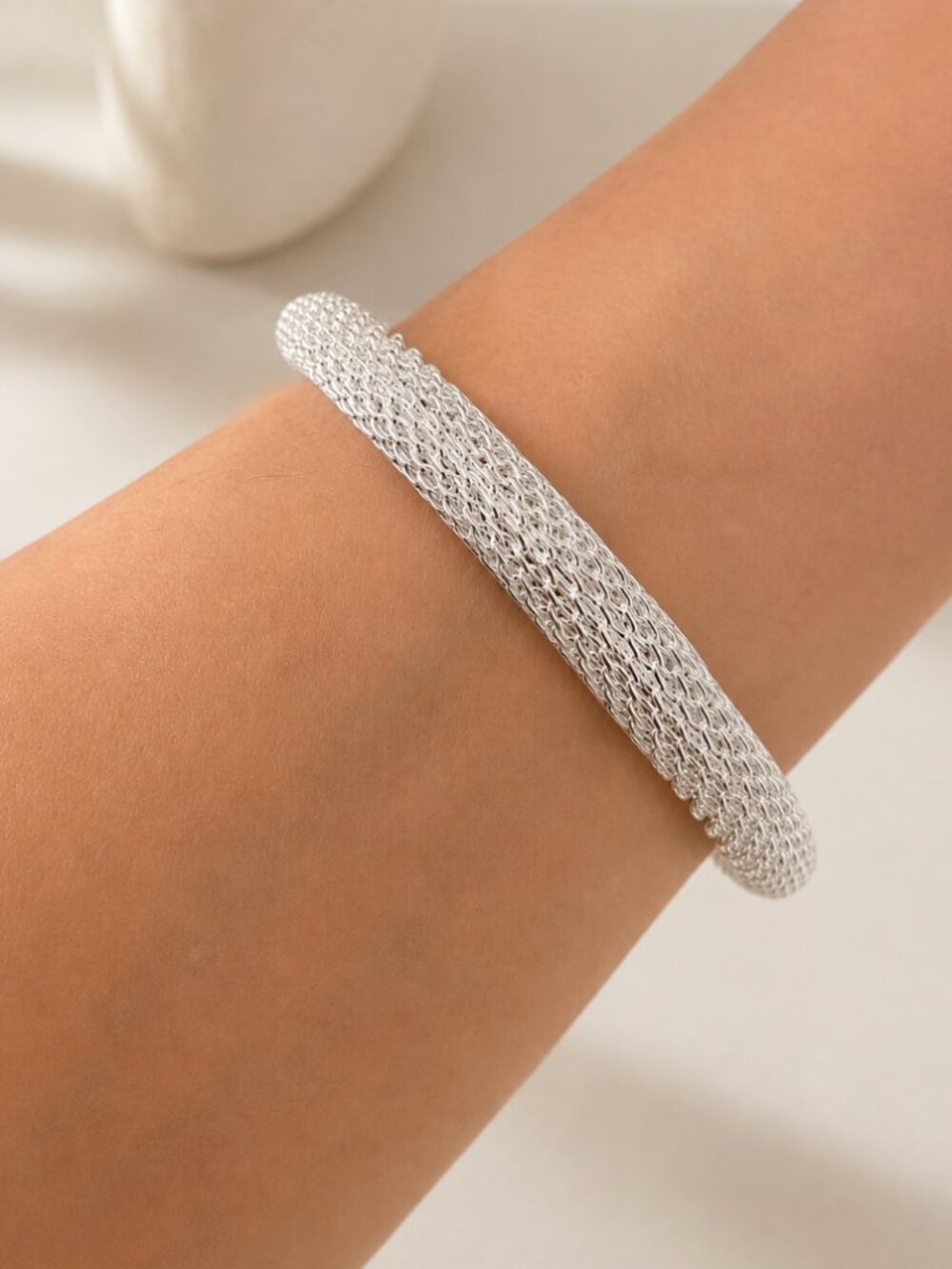 925 Sterling Silver Woven Mesh Cuff Bracelet Silver Bangle Bracelet